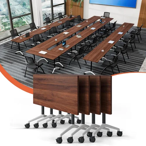 Vista 28 de Mesa de conferencias plegable con ruedas, mesa modular para sala de conferencias con 2 ojales para cables, mesas móviles de sala de reuniones