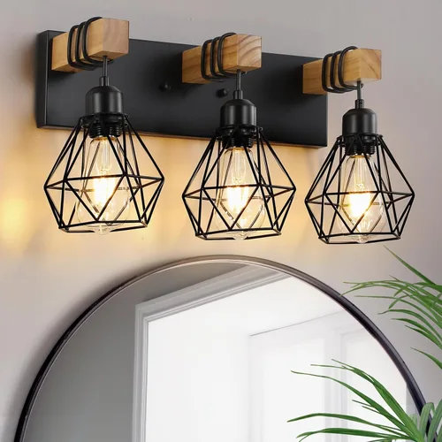 Vista 9 de Lámpara de tocador estilo casa de campo para baño, luminarias de tocador de baño de 2 luces negra dorada de madera sobre espejo, apliques rústicos