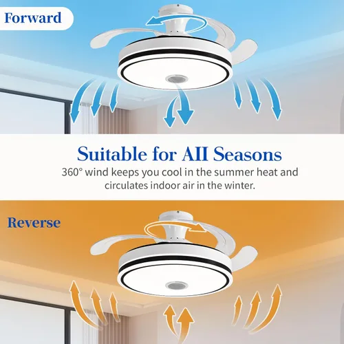 Vista 4 de Ventilador de techo retráctil de 42 pulgadas con luces, ventilador de techo inteligente con altavoz Bluetooth, control de aplicación, cambio