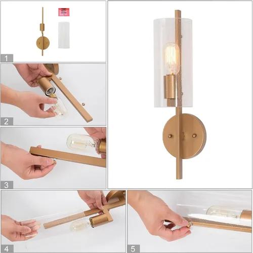 Vista 8 de KSANA Lámpara de pared de 1 luz, moderna lámpara dorada montada en la pared, iluminación de baño de vidrio sembrado para dormitorio, pasillo