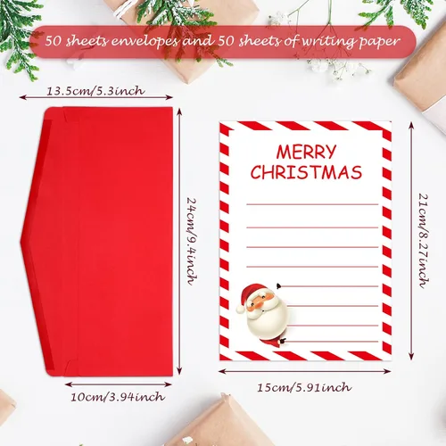 Vista 2 de Outus Kit de 100 sobres de Navidad para escribir cartas a Papá Noel, sobres de Navidad con papel de carta, sobres autoadhesivos, lista de deseos