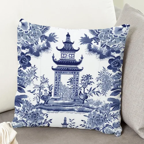 Vista 5 de ArogGeld Chinoiserie - Funda de cojín con diseño de pagoda asiática azul índigo, diseño cuadrado de flores y pagoda asiática, para oficina, silla