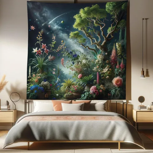 Vista 88 de Ambesonne Tapiz verde, fases lunares alrededor de un árbol de la vida, impresión de diseño bohemio de astrología nocturna, decoración de tela