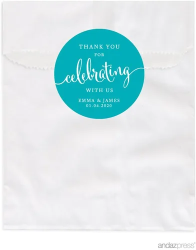 Vista 2 de Andaz Press Bolsas de regalo personalizadas para mesa de postre, agradecimiento por celebrar con nosotros, aguamarina, paquete de 24, personalizadas