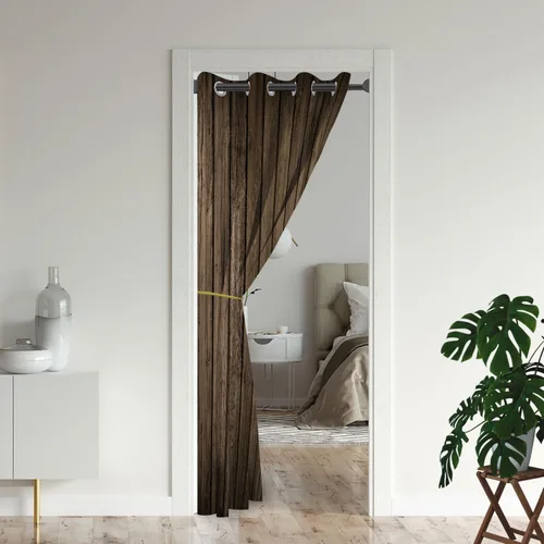Vista 2 de Cortinas de puerta de panel de madera marrón para puertas, decoración de pared rústica de granja, cortina opaca para armario de dormitorio de niños