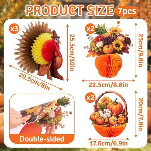 Vista 3 de Decoraciones de Acción de Gracias, decoraciones de mesa de otoño, papel 3D de pavo, panal de abeja para otoño, cosecha, fiesta, cocina, mesa