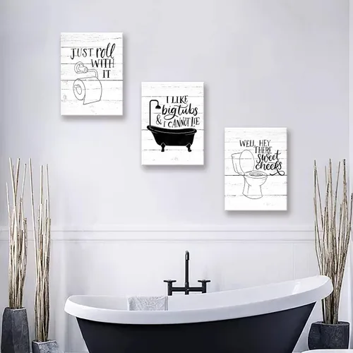 Vista 7 de Arte Gracioso de Baño en Lona para Pared en Blanco y Negro Juego de Inodoro y Tina Cartel Impreso en 3 Piezas Pintura de Citas de Baño Estilo Retro