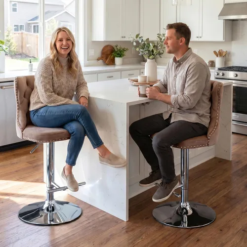 Vista 53 de SoarFlash Juego de 2 taburetes de bar tapizados de terciopelo moderno con patas de madera, botones acolchados, cabeza de clavo cromada, asiento