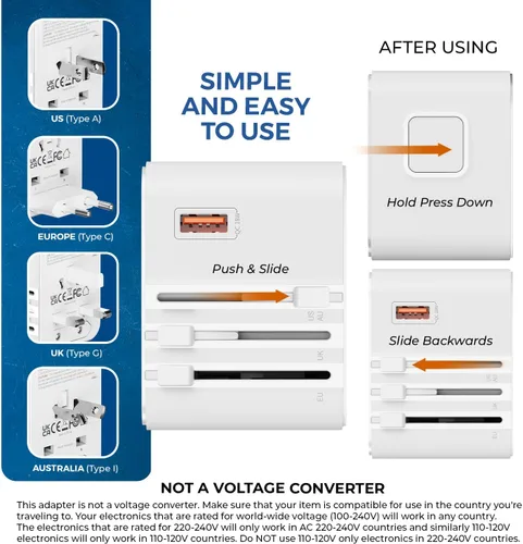Vista 5 de OREI Adaptador de enchufe World Travel – 2 USB + 1 tomacorrientes universales – Ranuras para Europa, Asia, China, Japón, África – Perfecto