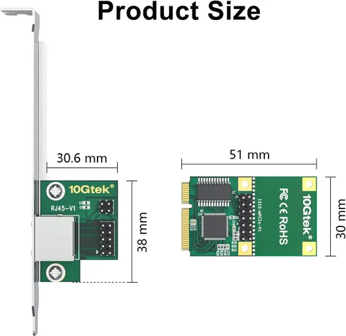 Vista 5 de 10Gtek Mini PCIe 1G Ethernet Tarjeta de Red (Intel I210AT), con luz LED, longitud de cable de 30 cm, puerto único RJ45, interfaz Mini Pice,