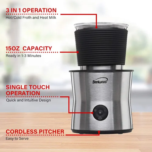 Vista 6 de Brentwood GA-402S Espumador de leche eléctrico inalámbrico, calentador y máquina de chocolate caliente, capacidad de 10.1 fl oz, acero inoxidable