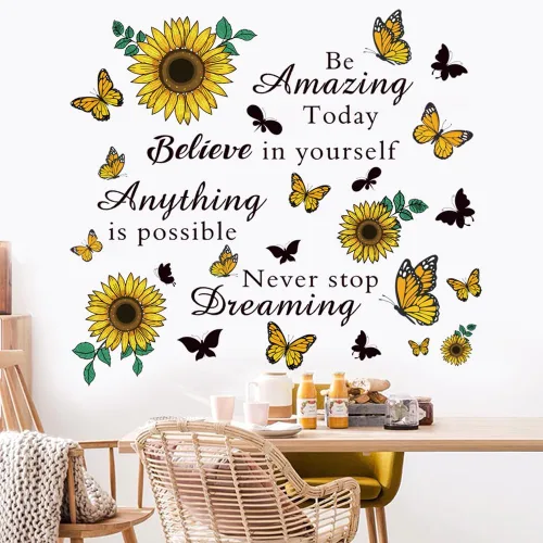 Vista 2 de Calcomanías de pared con cita inspiradora de girasol, refranes positivos extraíbles para aula, hogar, dormitorio, oficina, decoración artística