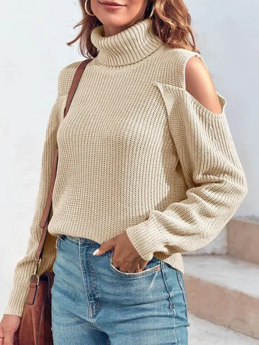 Vista 2 de Langwyqu Suéteres de cuello alto y hombros descubiertos para mujer, de gran tamaño, sexy, de manga larga, suéter de punto acanalado