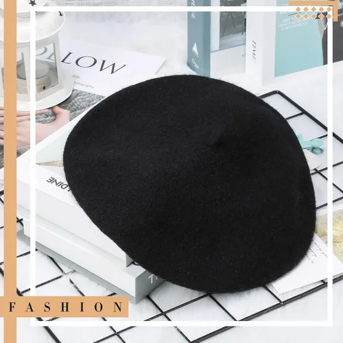 Vista 7 de 15 piezas de boina de lana para mujer, boina francesa de lana, boina de artista, gorra de invierno de color sólido para mujeres y niñas (negro)
