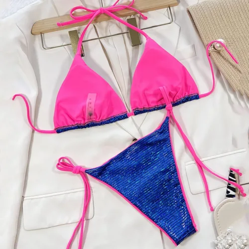 Vista 4 de Conjunto de bikini de dos piezas con purpurina azul marino para mujer, traje de baño de tanga, traje de baño para fiesta y club