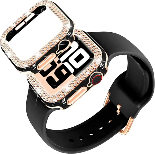 Vista 9 de DABAOZA Compatible con Apple Watch de 1.496 pulgadas con funda de parachoques con purpurina, correa ajustable de silicona negra, suave y cómoda