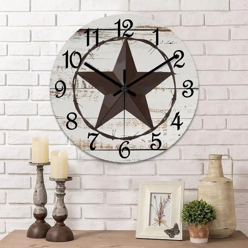 Vista 9 de Reloj de pared con diseño de estrella de Texas occidental, reloj de madera retro sin tictac, silencioso a pilas, fácil de leer, elegante reloj