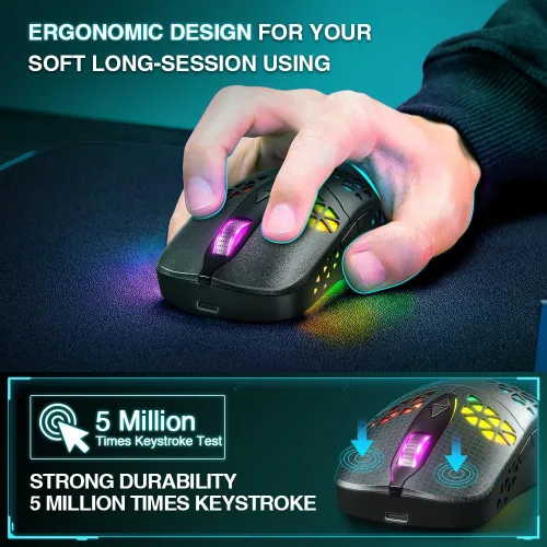 Vista 5 de WolfLawS KM-3 - Mouse inalámbrico para juegos, mouse inalámbrico RGB recargable con 7 botones programados, 4 niveles de DPI, 60 horas de juego