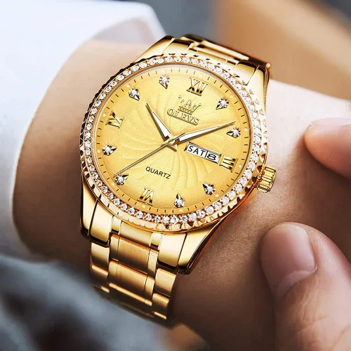 Vista 2 de OLEVS Men's Luxury Stainless Steel Watches, Big Face Gold Men Quartz Analog Watches Fashion 30M Waterproof Casual Wrist Watch with Day Date Diamond