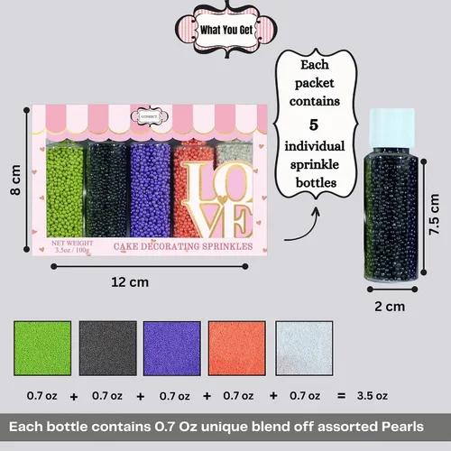 Vista 4 de Confect Sprinkles - Mezcla de perlas en plata, naranja, morado irlandés, negro y verde lima, bolas de discoteca comestibles para hornear, decoración