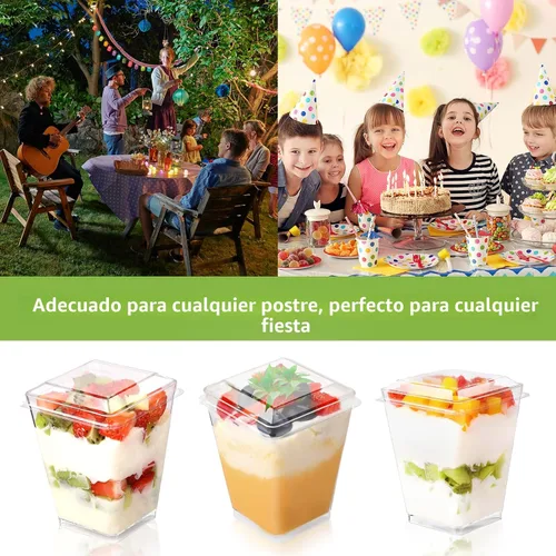 Vista 6 de Paquete de 50 Vasos de Postre de Plástico de 5 oz con Tapas y Cucharas, Vasos de Parfait de Yogur y Aperitivos para Fiestas, Mini Vasos de Postre