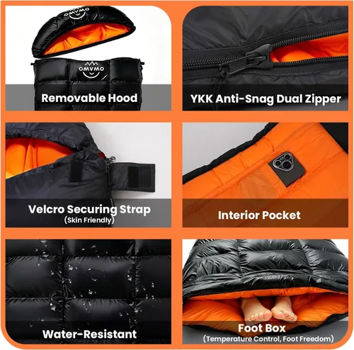 Vista 6 de Rectangular Down Sleeping Bag for Adults Camping Backpacking Negro/15℉/Cremallera izquierda/plumón de pato