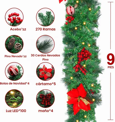 Vista 5 de Guirnalda de Navidad de 2,7 m con 100 luces, funciona con pilas, guirnaldas artificiales preiluminadas con bolas rojas, conos de pino, ramas