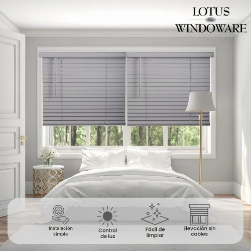 Vista 3 de Lotus & Windoware Sin Cable, Persiana de Madera Sintética de 2 Pulgadas, Persianas para Ventanas, Persianas y Cortinas, Persianas para Ventanas Gris