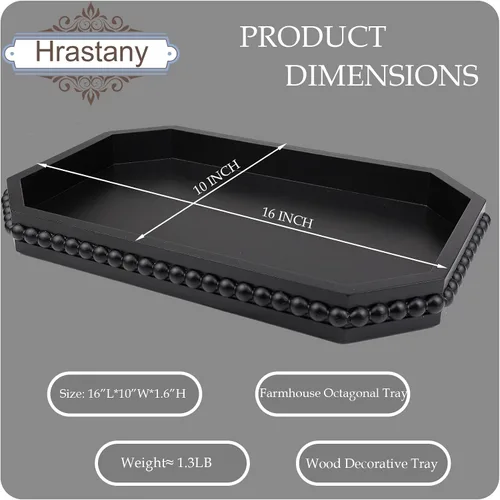 Vista 2 de Hrastany Bandeja de Servir Rústica de Madera con Cuentas, Bandeja Decorativa de Granja en Negro para Centro de Mesa, Decoración Navideña de Boda