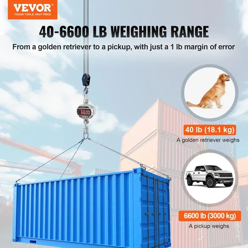 Vista 2 de VEVOR Báscula digital para grúa, 6600 lbs/3000 kg, báscula industrial resistente para colgar con control remoto, carcasa de aluminio fundido