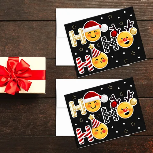Vista 5 de Ho Ho - Tarjetas de felicitación navideñas y sobres, divertidos y lindos emoji, plegables, color negro, para Navidad y Año Nuevo, 4.25 x 5.5