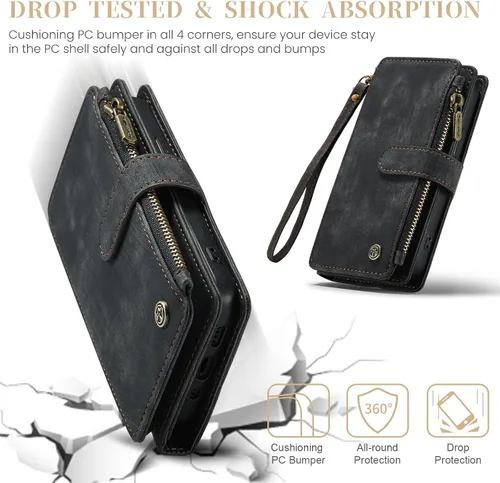 Vista 5 de CaseMe - Funda tipo cartera para iPhone 15 Pro Max, multifunción, hecha a mano, de piel sintética, con cremallera, a prueba de golpes, con cierre