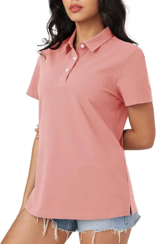 Vista 3 de MAGCOMSEN Camisas polo para mujer que absorben la humedad, 3 botones, camisa de manga corta de algodón, tops casuales