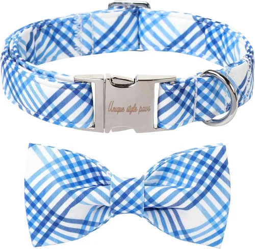 Vista 31 de Unique style paws Collar de perro de algodón con lazo, collar para cachorro con cuadrícula negra y azul para perros pequeños, medianos y grandes