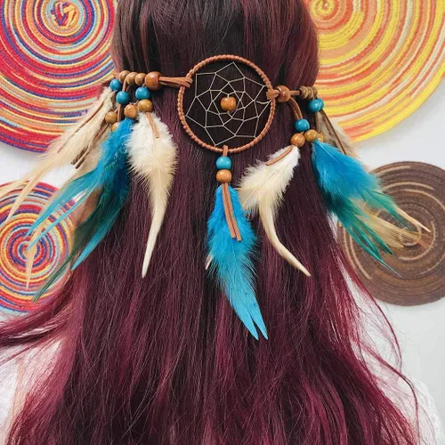 Vista 4 de Diadema de plumas de atrapasueños estilo bohemio indio con borlas para el cabello para mujeres y niñas