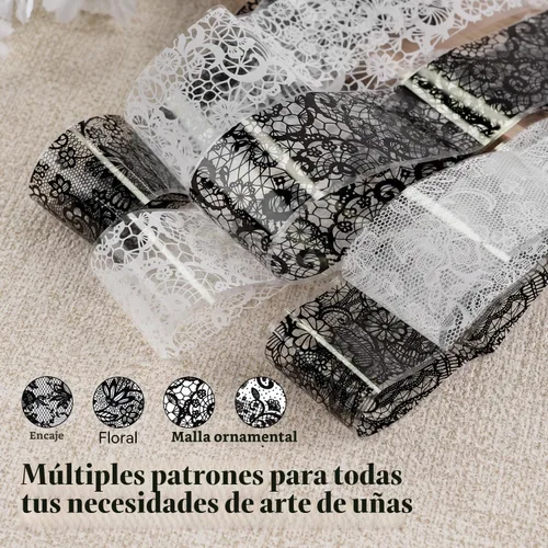 Vista 5 de JODSONE 20 rollos de láminas de encaje para uñas, hojas de transferencia de arte de uñas de encaje blanco y negro, se deben utilizar con pegamento