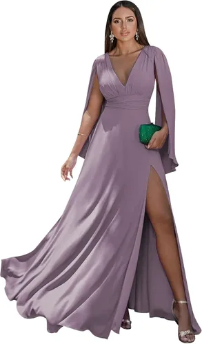 Vista 7 de Women's Long Sleeve Bridesmaid Dresses V-Neck Chiffon Ruched Formal Dress Evening Gown with Slit