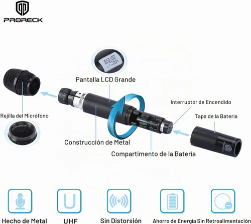 Vista 4 de PRORECK MX44 Sistema de micrófono inalámbrico UHF de 4 canales con 4 micrófonos de mano Máquina de karaoke