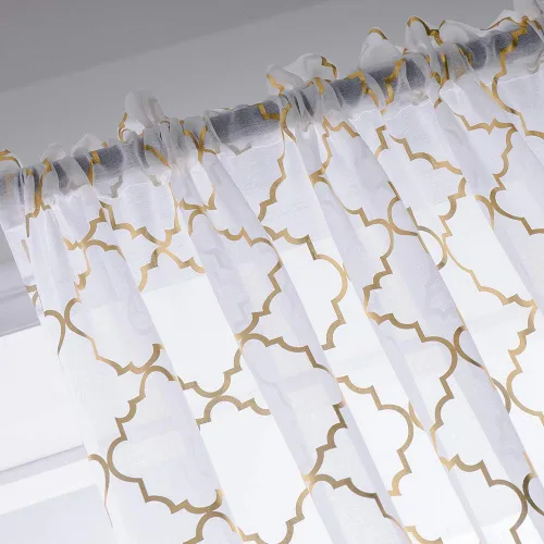 Vista 4 de YJ YANJUN Cortinas traslúcidas de 63 pulgadas de largo, cortinas de gasa metálicas doradas y blancas para dormitorio, diseño moderno marroquí
