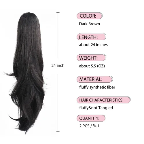 Vista 2 de Extensión de cola de caballo, 2 piezas de extensiones de cola de caballo negras de 24 pulgadas, clip de garra sintético para extensión de cola