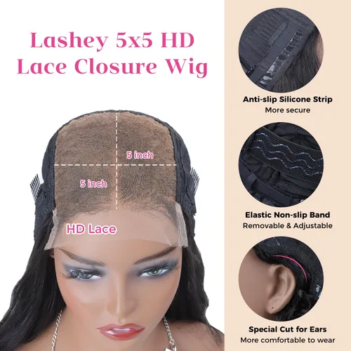Vista 5 de Lashey Pelucas de cabello humano lacio Yaki de 5 x 5, cierre de encaje HD transparente, densidad del 180 %, prearrancado con nudos blanqueados