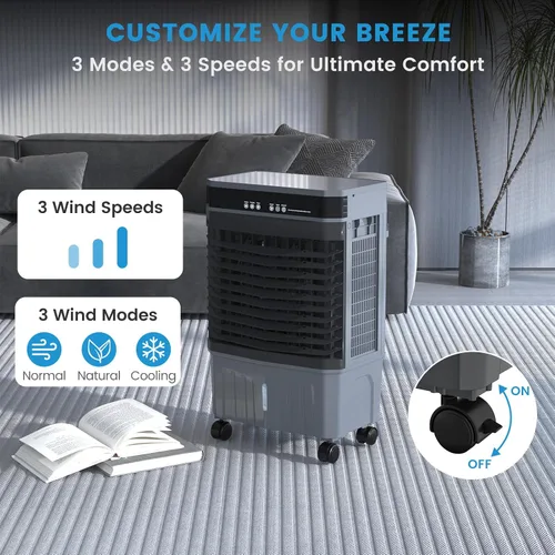 Vista 3 de Zynkez Enfriador portátil de pantano de 1800CFM para interiores y exteriores, enfriador de aire evaporativo 3 en 1 con tanque de agua de 5.3