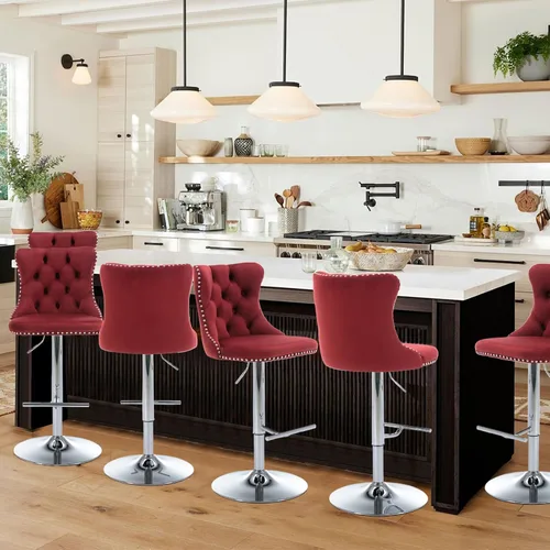 Vista 90 de SoarFlash Juego de 2 taburetes de bar tapizados de terciopelo moderno con patas de madera, botones acolchados, cabeza de clavo cromada, asiento
