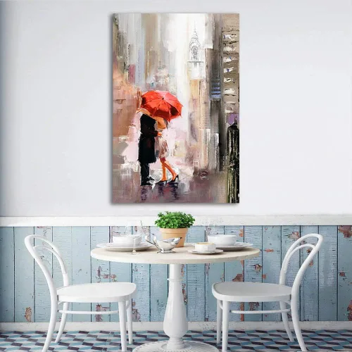 Vista 4 de RUISHI Lienzo decorativo para pared, impresiones giclée modernas, paisaje urbano de Nueva York, pintura romántica, amantes bajo el paraguas rojo