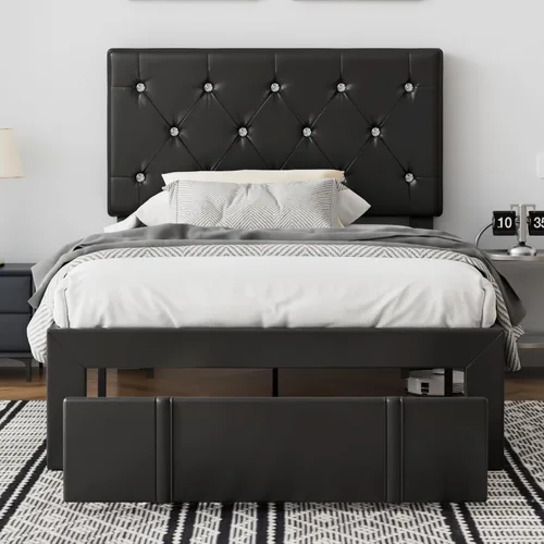 Vista 29 de VECELO Base de cama tamaño individual con plataforma tapizada con cabecera ajustable de botones de diamante, soporte de listones de madera,