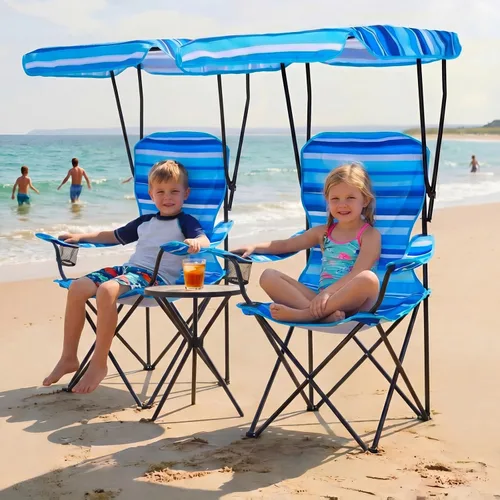 Vista 2 de Paquete de 2 sillas de playa con toldo, sillas plegables de camping con toldo, silla de césped portátil resistente a la intemperie con soporte