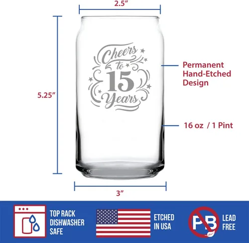 Vista 4 de Regalos personalizados de vidrio con texto en inglés «Cheers to 15 Years» para mujeres y hombres, decoración de fiesta de 15 aniversario, vasos