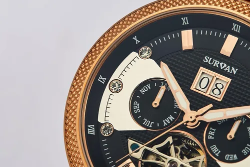 Vista 4 de SURVAN WatchDesigner Watch for Men Sapphire Crystal Mechanical Skeleton Automatic Men's Wrist Watches Ion-Plated Leather Strap Copper Watch Needle