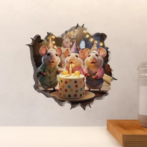Vista 4 de Adhesivo de pared 3D con agujero de ratón de cumpleaños con agujero de ratón