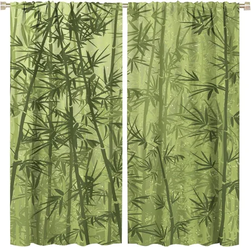 Vista 47 de Cortinas con estampado de bambú, tallos y hojas de bambú, temática oriental natural, oscurecimiento de habitación, ventana, ventana, cortina